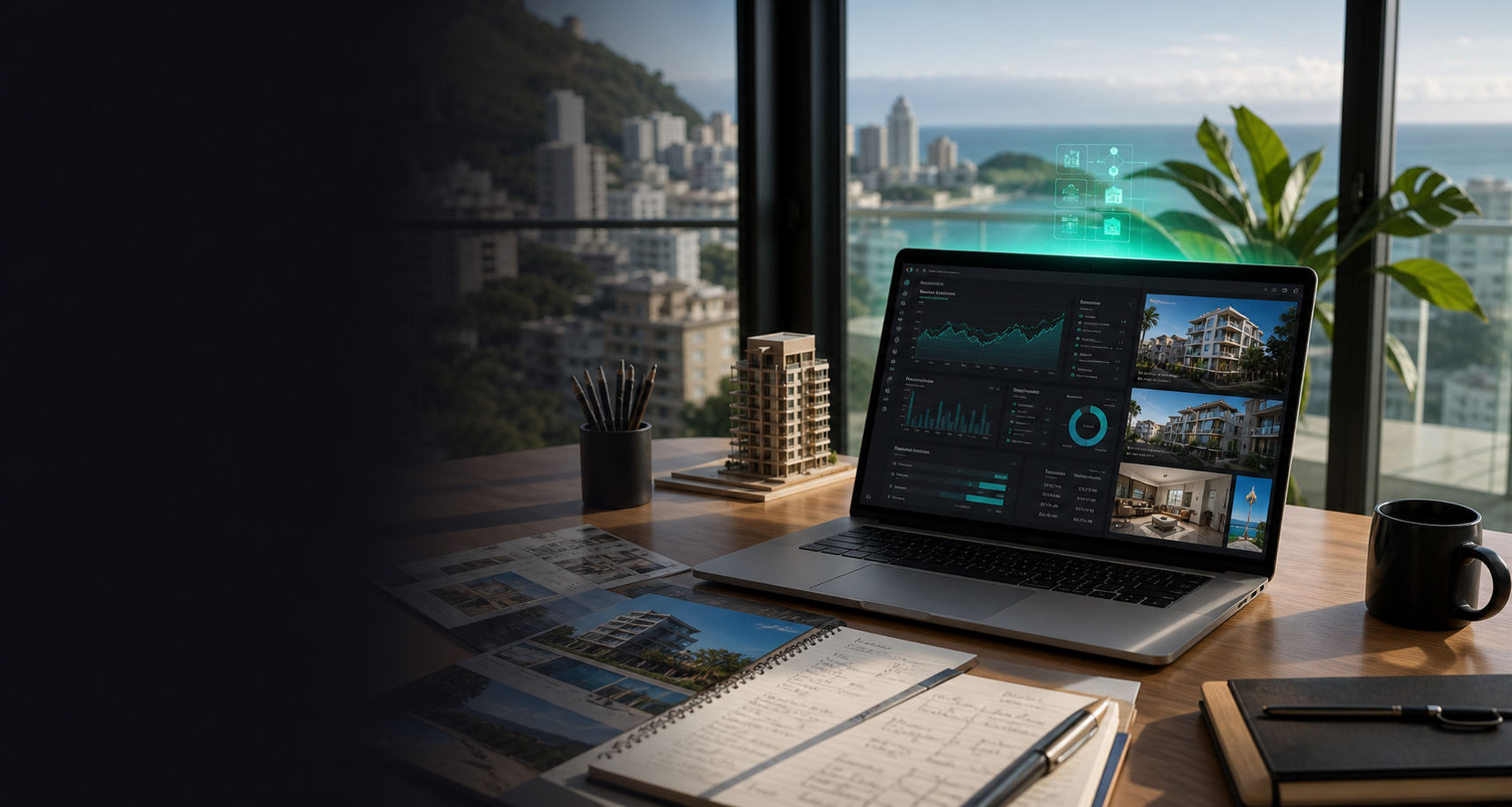 Mesa de trabalho com notebook exibindo análises de imóveis e fotos de propriedades.